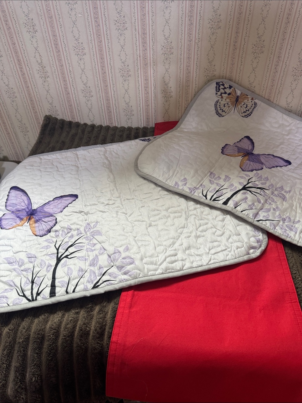 Quilted Butterfly Bed Runner Set - White with Purple Accents
